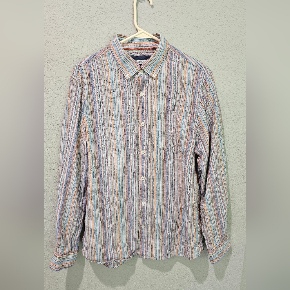 32 Bar Blues Italian Linen Striped Shirt Size Large